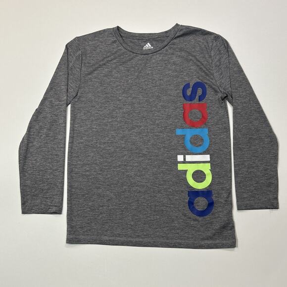 Adidas Shirt Womens Size Medium Gray Long Sleeve Activewear Spellout Logo - Picture 1 of 11